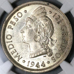 1944 NGC AU 58 Dominican Republic 1/2 Peso 50 Centavos 100k Silver Coin (22051502C)