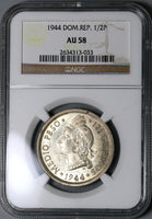 1944 NGC AU 58 Dominican Republic 1/2 Peso 50 Centavos 100k Silver Coin (22051502C)