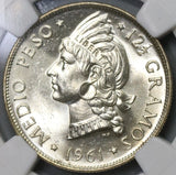 1961 NGC MS 65 Dominican Republic Medio 1/2 Peso Coin GEM BU (18122601C)