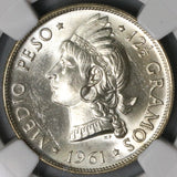 1961 NGC MS 65 Dominican Republic Medio 1/2 Peso Coin GEM BU (18122601C)