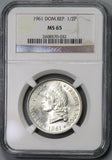 1961 NGC MS 65 Dominican Republic Medio 1/2 Peso Coin GEM BU (20010603C)