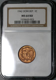 1942 NGC MS 64 RED Dominican Republic 1 Centavo Mint State Coin (20060801C)