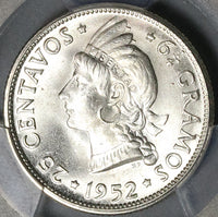 1952 PCGS MS 65 Dominican Republic 25 Centavos Scarce Silver Coin (22051102D)