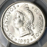 1952 PCGS MS 65 Dominican Republic 25 Centavos Scarce Silver Coin (22051102D)