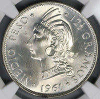 1961 NGC MS 66 Dominican Republic 1/2 Peso Silver Coin GEM BU (19012102C)