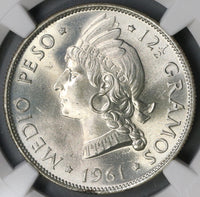 1961 NGC MS 66 Dominican Republic 1/2 Peso Silver Coin GEM BU (19012102C)