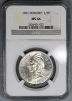 1961 NGC MS 66 Dominican Republic 1/2 Peso Silver Coin GEM BU (19012102C)