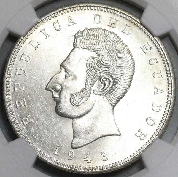 1943 NGC MS 63 Ecuador 5 Sucre Mexico City Mint State Coin (20102501C)