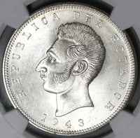 1943 NGC MS 63 Ecuador 5 Sucre Mexico City Mint State Coin (20102501C)