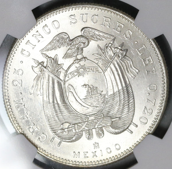 1943 NGC MS 63 Ecuador 5 Sucre Mexico City Mint State Coin