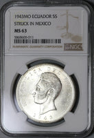 1943 NGC MS 63 Ecuador 5 Sucre Mexico City Mint State Coin (20102501C)