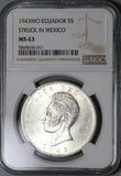 1943 NGC MS 63 Ecuador 5 Sucre Mexico City Mint State Coin (20102501C)