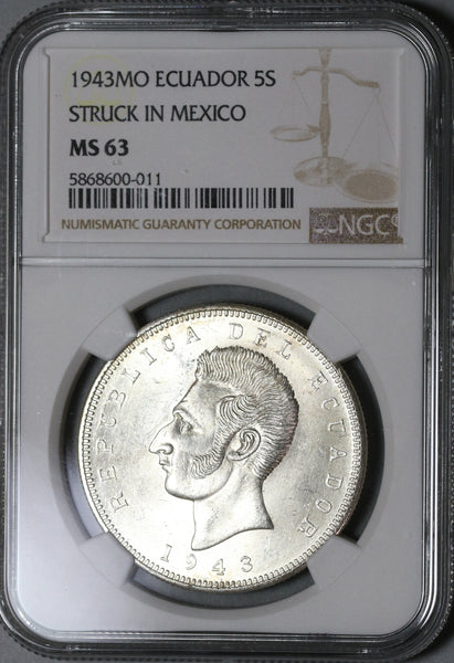 1943 NGC MS 63 Ecuador 5 Sucre Mexico City Mint State Coin