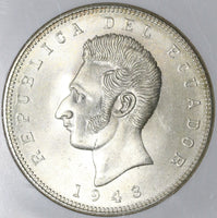1943 NGC MS 64 Ecuador 5 Sucre Mexico City Mint State Coin (20102502C)