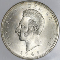 1943 NGC MS 64 Ecuador 5 Sucre Mexico City Mint State Coin (20102502C)