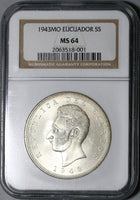 1943 NGC MS 64 Ecuador 5 Sucre Mexico City Mint State Coin (20102502C)
