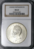 1943 NGC MS 64 Ecuador 5 Sucre Mexico City Mint State Coin (20102502C)