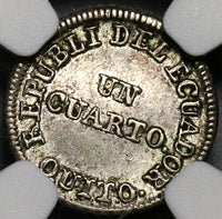 1849 NGC AU 53 Ecuador 1/4 Real Silver Liberty Quito Un Quarto Coin (20091901C)