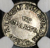 1849 NGC AU 53 Ecuador 1/4 Real Silver Liberty Quito Un Quarto Coin (20091901C)