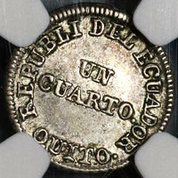 1849 NGC AU 53 Ecuador 1/4 Real Silver Liberty Quito Un Quarto Coin (20091901C)