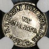 1849 NGC AU 53 Ecuador 1/4 Real Silver Liberty Quito Un Quarto Coin (20091901C)