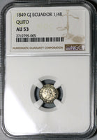 1849 NGC AU 53 Ecuador 1/4 Real Silver Liberty Quito Un Quarto Coin (20091901C)