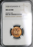 1928 NGC MS 64 RB Ecuador 1 Centavo Mint State BU Coin (21020101C)