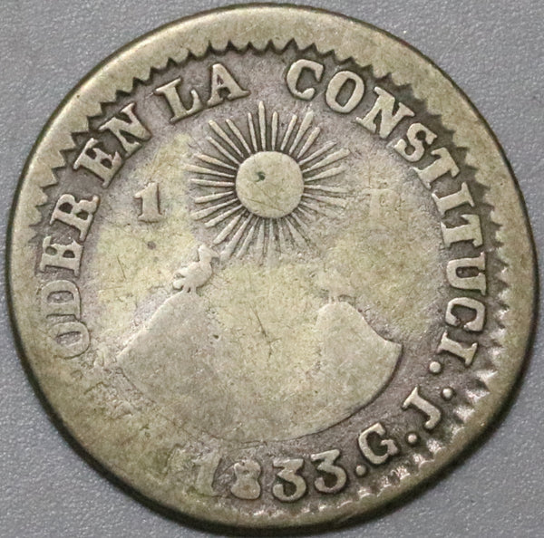 1833 GJ Ecuador 1 Real En Colombia Quito Sun Volcanos Silver Coin (22070603C)