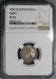 1836 GJ NGC VF 25 Ecuador 1 Real Rare Quito Silver Coin POP 1/1 (19030902C)
