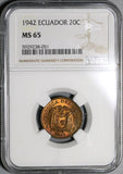 1942 NGC MS 65 Ecuador 20 Centavos Mint State BU Brass Coin (21030703C)
