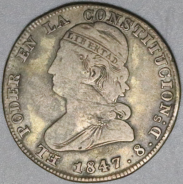 1847 Ecuador 2 Reales VF Quito Mint Liberty Head Silver Coin (23032301R)