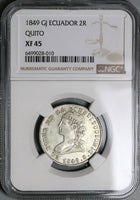 1849 NGC XF 45 Ecuador 2 Reales Quito Mint Liberty Head Silver Coin (23032101D)