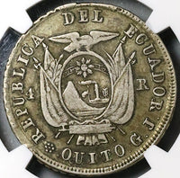 1857 GJ NGC F 15 Ecuador 4 Reales Quito Liberty Head Silver Coin (22070404C)