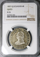 1857 GJ NGC F 15 Ecuador 4 Reales Quito Liberty Head Silver Coin (22070404C)