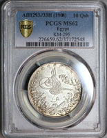 1908 PCGS MS 62 Egypt 10 Qirsh 1293/33H Ottoman Empire Silver Coin (19090502D)