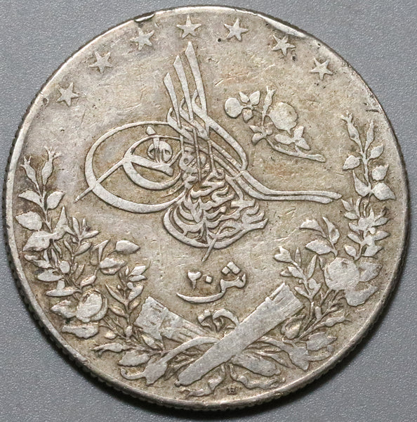 1907-H Egypt 20 Qirsh Ottoman Empire Silver Crown 1293/33 Heaton Mint Coin (20051301R)