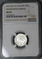 1917-H NGC MS 64 Egypt 2 Piastres Britain Occupation Silver Coin (20012401C)