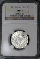 1912 NGC MS 63 Egypt Ottoman 5 Qirsh 1327/4H Silver Key Date Coin (20111501C)
