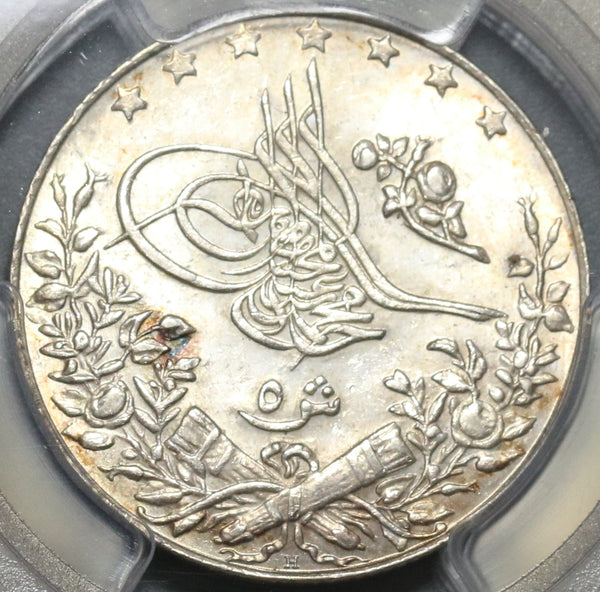 1914 PCGS MS 62 Egypt Ottoman Empire 5 Qirsh 1327/6H Silver Coin (20052305C)