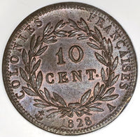 1828-A NGC MS 63 French Colonies 10 Centimes Charles X France Coin (20021802C)