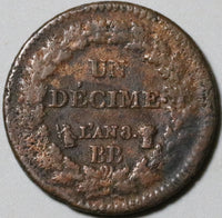 1799-BB France Un Decime 10 Centimes L'an 8 Consulat Strasbourg Coin (23121007R)