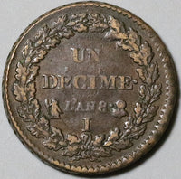 1799-I France Un Decime 10 Centimes AXF L'an 8 Consulat Limoges Coin (21101305R)