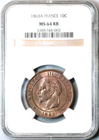 1863-A NGC MS 64 France 10 Centimes Napoleon III Mint State Coin (19090904C)