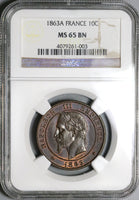 1863-A NGC MS 65 France 10 Centimes Napoleon III Gem Paris Coin (22053003C)