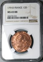 1791-D NGC MS 65 France 12 Deniers Louis XVI Revolution Coin POP 2/1 (23040101C)