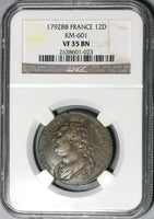 1792-BB NGC VF 35 Louis XVI France 12 Deniers Strasbourg Coin POP 1/0 (20062102C)