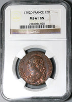 1792-D NGC MS 61 France 12 Deniers Louis XVI Lyon Mint Revolution Coin (23033101C)