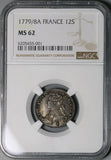 1779/8-A NGC MS 62 France Louis XVI 12 Sols Overdate 1/10 Ecu Coin POP 1/0 (21111501C