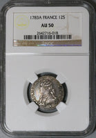 1783-A NGC AU 50 France Louis XVI 12 Sols Overstruck 1/10 Ecu Paris Silver 70k Coin (22061203C)
