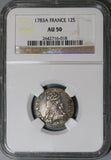 1783-A NGC AU 50 France Louis XVI 12 Sols Overstruck 1/10 Ecu Paris Silver 70k Coin (22061203C)
